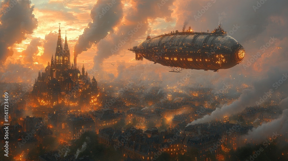 Steampunk airship over illuminated gothic city. Steampunk airship over illuminated gothic city.