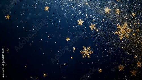 Navy Christmas Background with Snowflakes and Gold Accents, Midnight blue background featuring bold, reflective gold elements, with accents in deep, antique gold, delicate snowflakes, Generative Ai photo