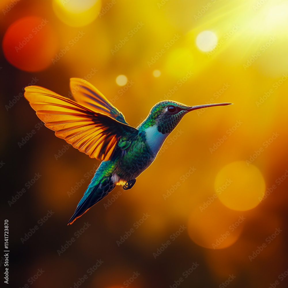 A vibrant hummingbird hovers gracefully in mid-air, wings shimmering. A vibrant hummingbird hovers gracefully in mid-air, wings shimmering.