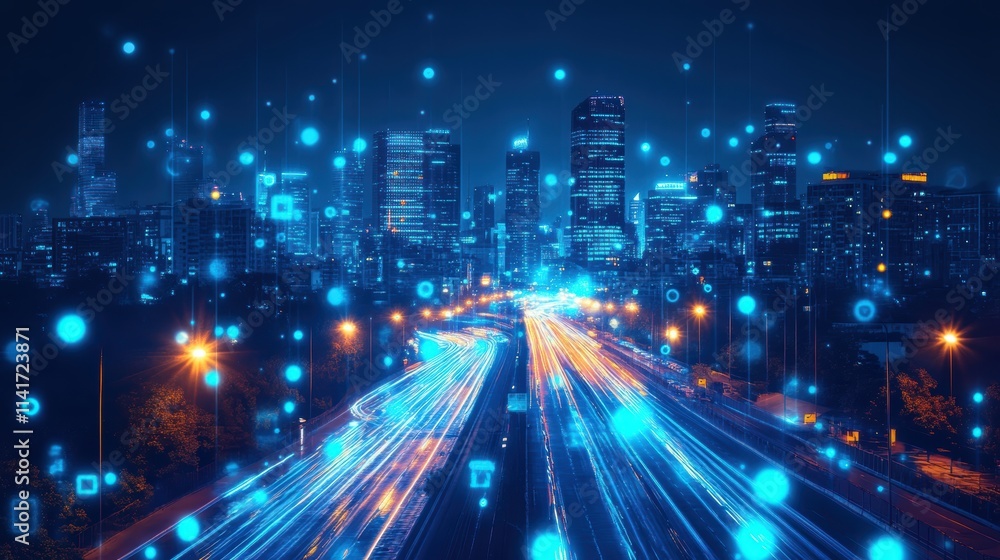 Electric Blue Dotplot Matrix Above Cyberpunk Cityscape Futuristic Aesthetics Digital Art Viewpoint Urban Innovation
