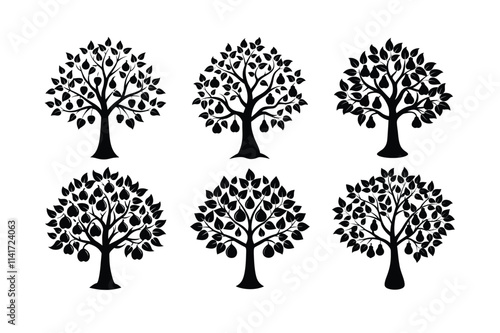 vector of Pear Tree (Pyrus) design, labeled vector art, linocut silhouette illustration.