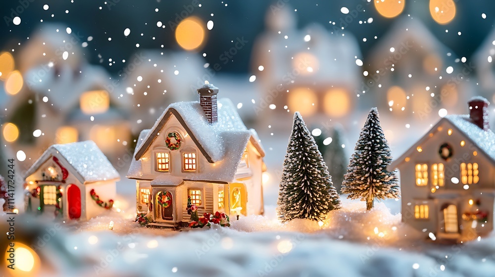 Snow-covered holiday village with decorated homes and glowing lights Snow-covered holiday village with decorated homes and glowing lights
