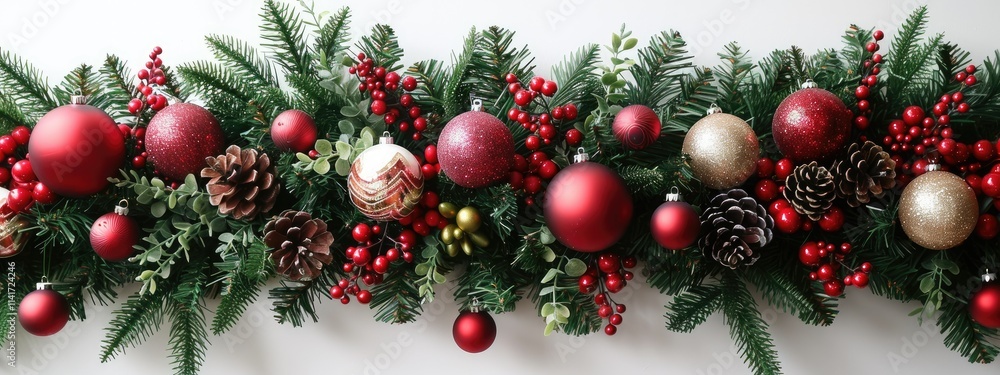 A festive arrangement featuring red and gold ornaments, pinecones, and greenery for holiday decor. A festive arrangement featuring red and gold ornaments, pinecones, and greenery for holiday decor.