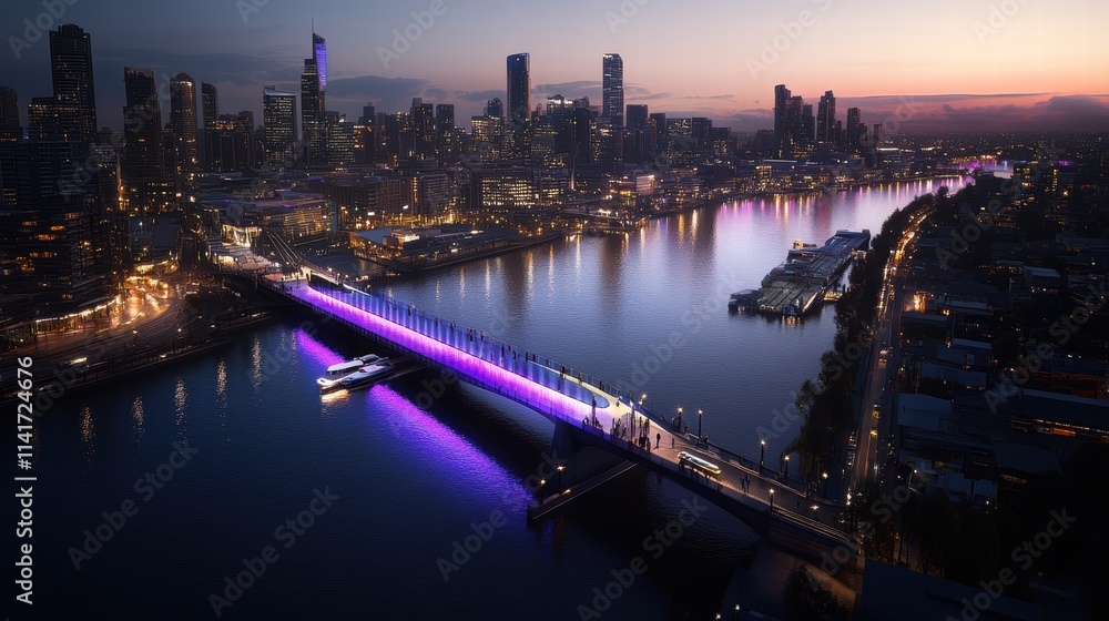 Fototapeta premium Urban Nightscape Indigo Band Lighting Illuminates City Bridge Over River Aerial View Modern Design Concept