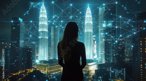 Wallpaper Mural Woman silhouette observing futuristic cityscape network. Torontodigital.ca