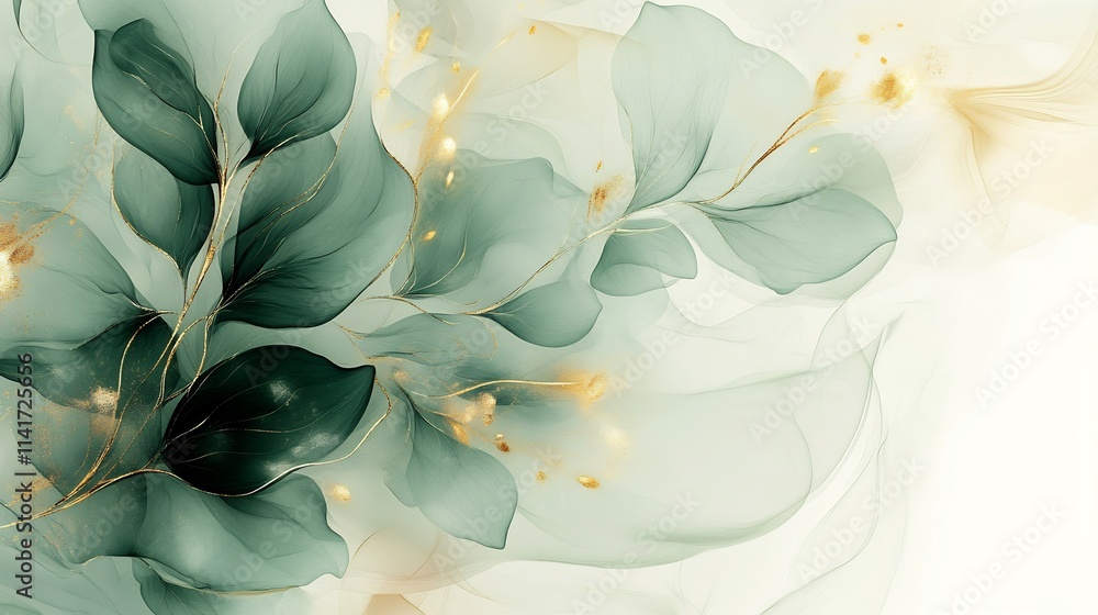 Abstract floral design with translucent teal and gold leaves, flowing, elegant, artistic. Abstract floral design with translucent teal and gold leaves, flowing, elegant, artistic.