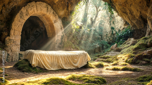 Ancient tomb illuminated by sun rays highlighting sacred resting place in lush mossy cave photo