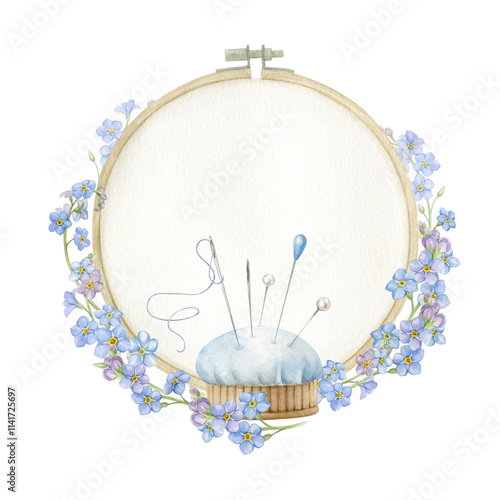 Set for seamstress and embroiderer with flowers: fingers, pillow with forget-me-not needlesd photo