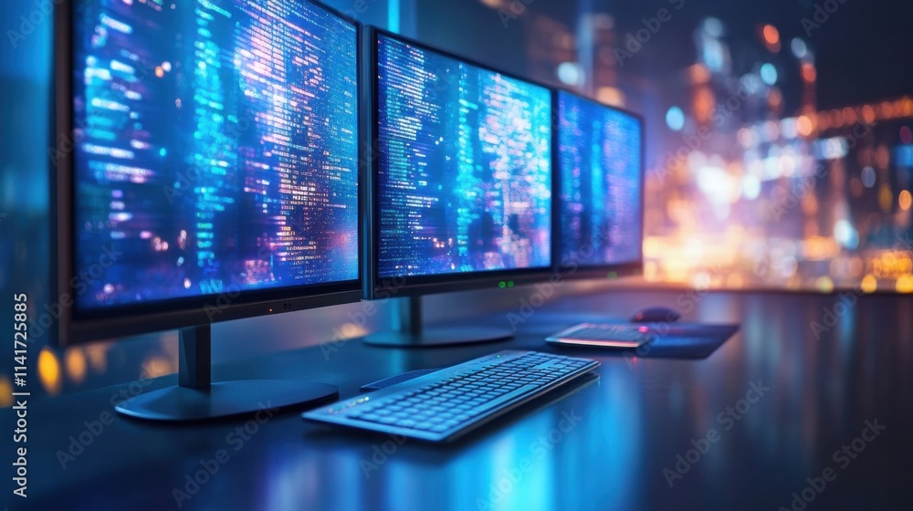 Immersive night coding: Three screens glow with lines of code, a keyboard and mouse ready. City lights blur in the background. Immersive night coding: Three screens glow with lines of code, a keyboard and mouse ready. City lights blur in the background.
