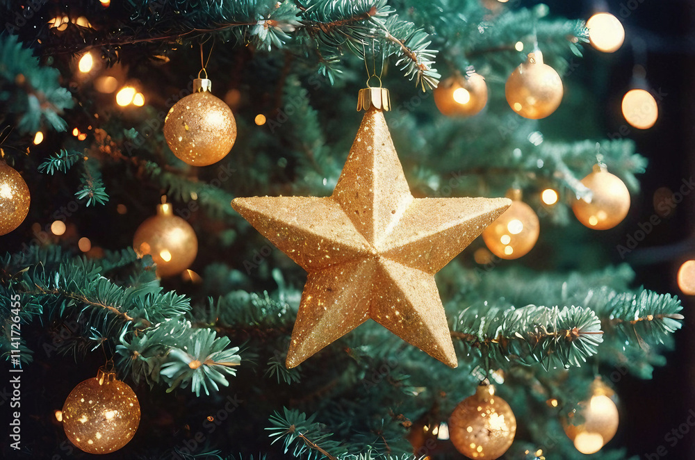 Glittering Gold Star Ornament on a Christmas Tree- christmas tree decorations Glittering Gold Star Ornament on a Christmas Tree- christmas tree decorations