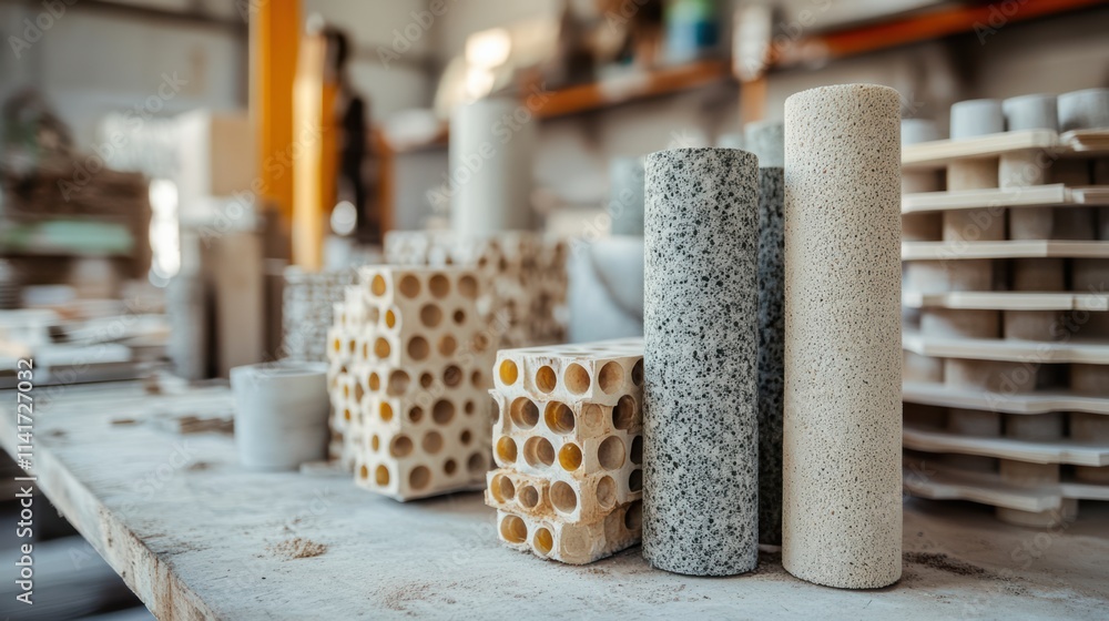 Various cylindrical materials stand arranged on a workshop table, highlighting different textures and colors. The atmosphere is filled with a creative energy, perfect for design inspiration Various cylindrical materials stand arranged on a workshop table, highlighting different textures and colors. The atmosphere is filled with a creative energy, perfect for design inspiration