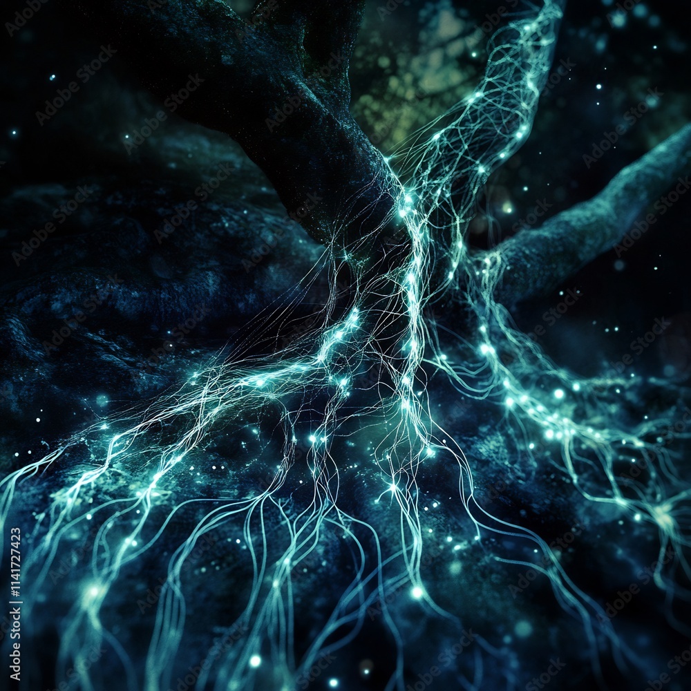 Enchanted Forest: Glowing Roots and Mystical Tree Enchanted Forest: Glowing Roots and Mystical Tree