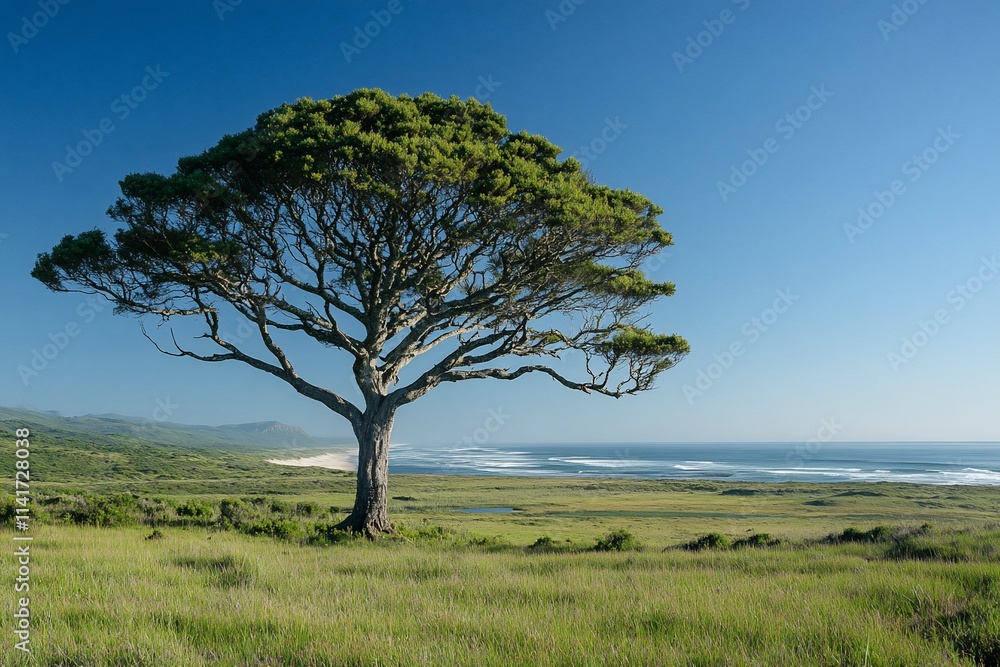 Solitary tree on grassy field overlooking ocean under clear blue sky. Solitary tree on grassy field overlooking ocean under clear blue sky.