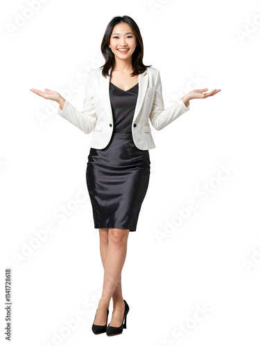 Smiling businesswoman in a suit, pointing with her hand, confidently presenting to an audience