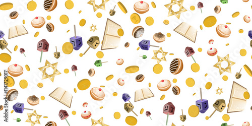 Seamless pattern with sufganiyot donuts, star of David, dreidels and gold coins. Traditional symbol of Israel isolated on white background. Hanukkah background. Vector illustration