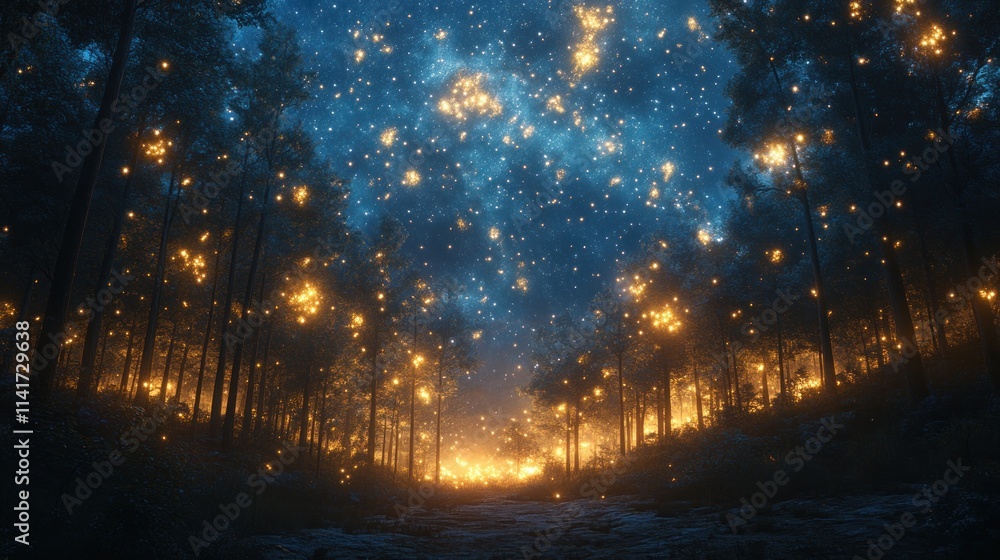 Naklejka premium Enchanted forest path, glowing lights, starry night.