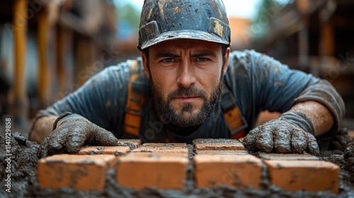 Focused construction worker laying bricks.