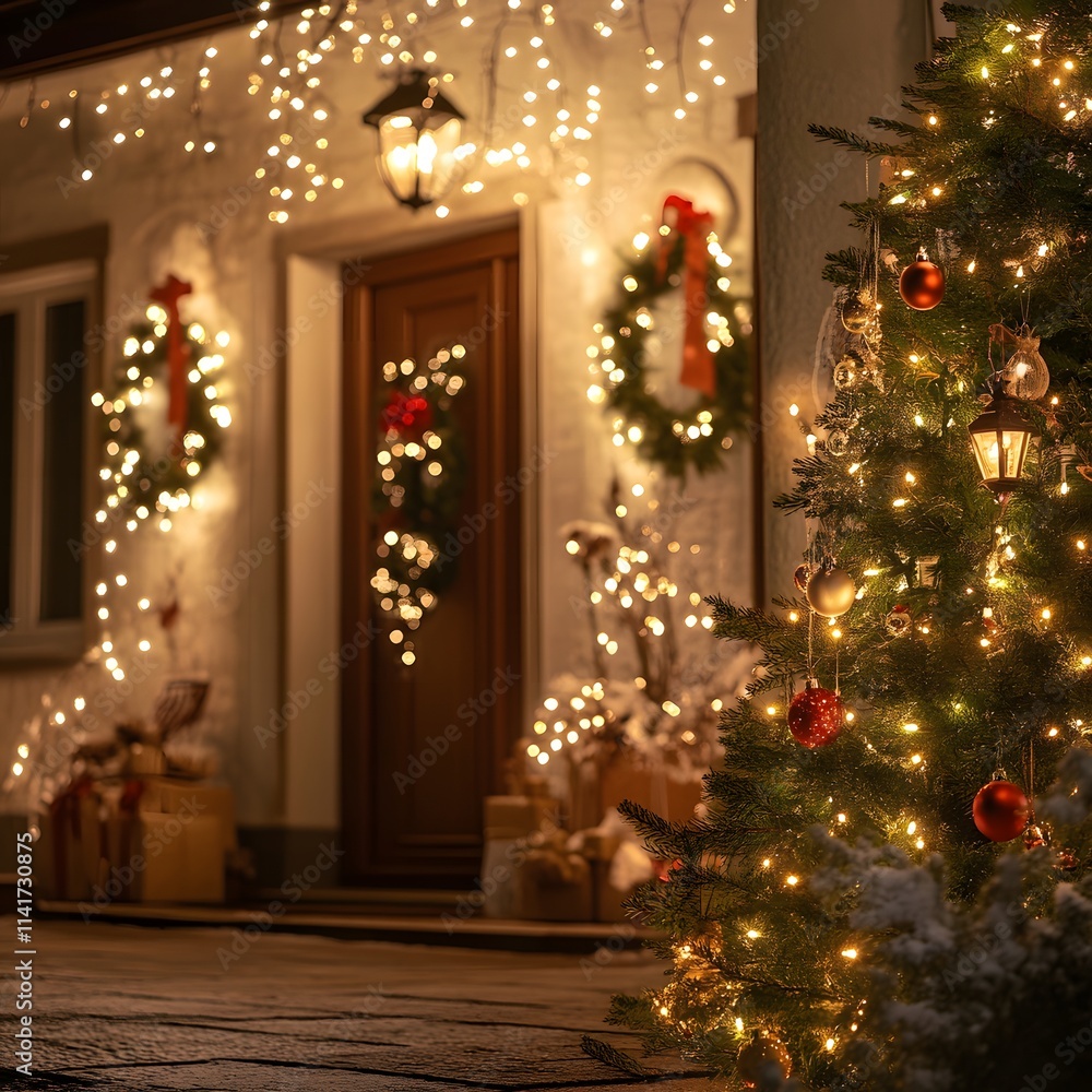 A traditional celebration of hope and prosperity, with festive lights illuminating a home during a holiday. A traditional celebration of hope and prosperity, with festive lights illuminating a home during a holiday.