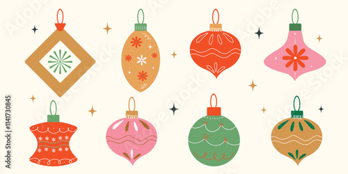 Christmas baubles set with trendy geometric ornament. Merry Christmas background for decorations, gift, greeting card, poster. Xmas balls in flat, minimalist, hand drawn, style. Isolated vector illust