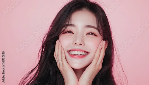 A beautiful Korean girl with long hair smiling, hands on face, wearing a white dress, solid color background