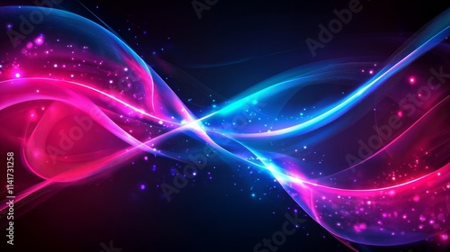 Colorful lights abstract waves, neon pink and blue lines, glowing curves, dark background, vibrant swirls