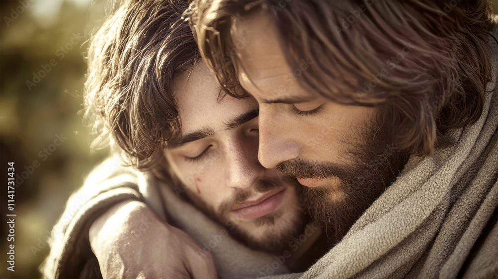 Jesus offers solace to a young man in a moment of deep compassion amidst soft lighting and rustic charm Jesus offers solace to a young man in a moment of deep compassion amidst soft lighting and rustic charm