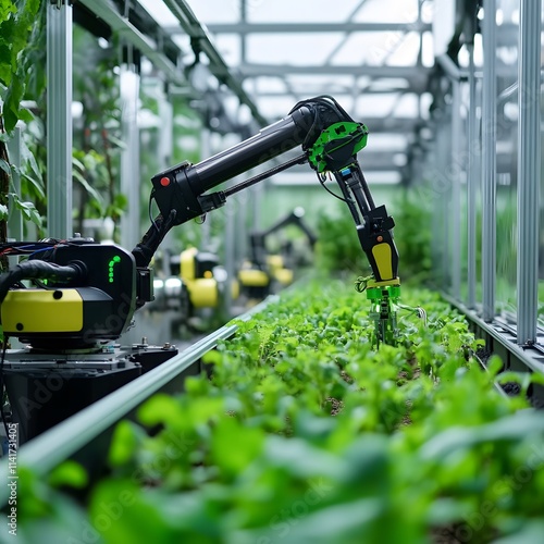 An AI-driven solution for sustainable farming, with autonomous machines working in a green-tech environment. photo