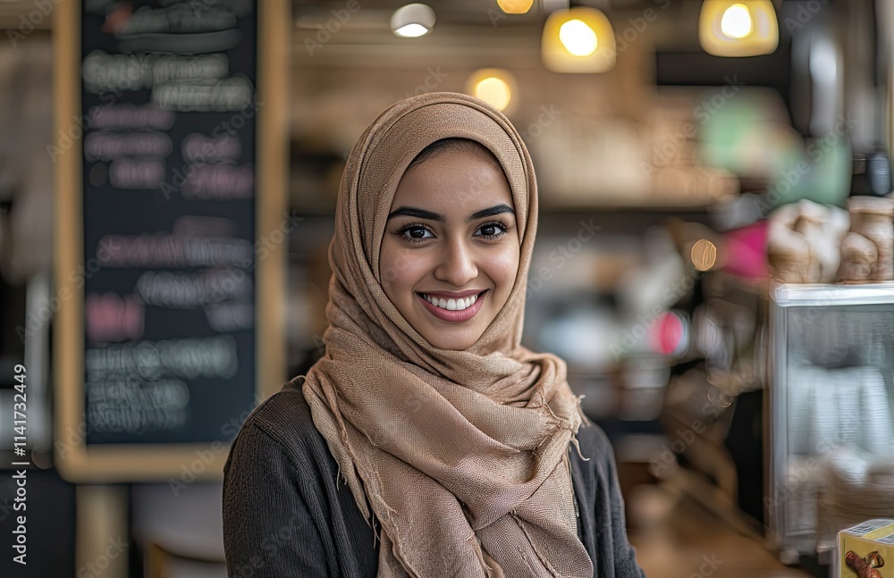 a beautiful, smiling young Muslim woman wearing a hijab, sitting in a coffee shop and looking at the camera a beautiful, smiling young Muslim woman wearing a hijab, sitting in a coffee shop and looking at the camera