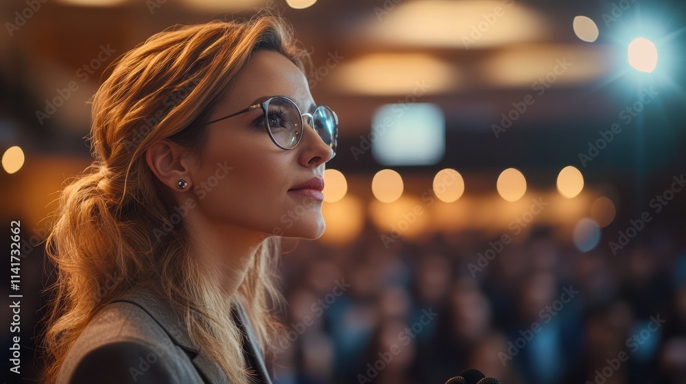 In a brightly lit auditorium, a poised individual shares innovative ideas, inspiring the audience with a powerful message during a professional event In a brightly lit auditorium, a poised individual shares innovative ideas, inspiring the audience with a powerful message during a professional event