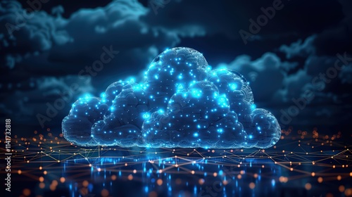 Illustration of Cloud and Edge Computing with Cybersecurity, Featuring a Large Cloud Icon with Polygon Connection Code Backdrop on Dark Blue Background photo