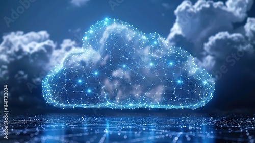 Illustration of Cloud and Edge Computing with Cybersecurity, Featuring a Large Cloud Icon with Polygon Connection Code Backdrop on Dark Blue Background photo