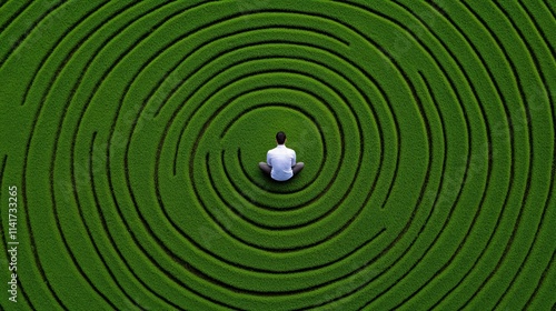 Finding Inner Peace: A solitary figure sits serenely at the center of a mesmerizing green spiral, symbolizing introspective contemplation and the search for inner peace.
