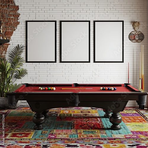 Pool table in a game room with three mockup frames. Home decor concept.