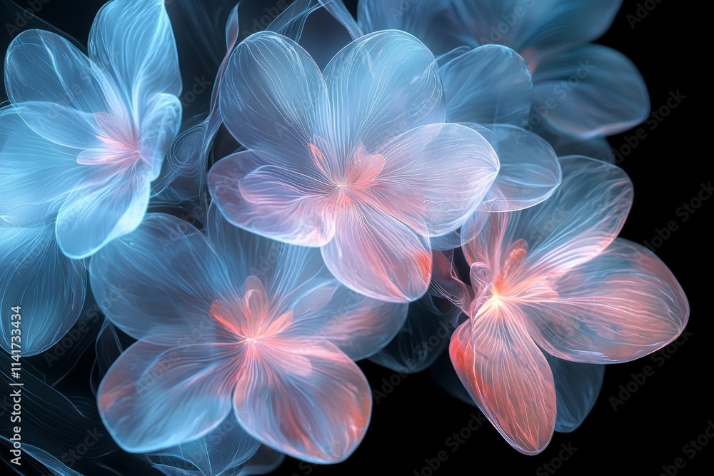 Translucent, glowing flowers in shades of light blue and pink on a black background. Translucent, glowing flowers in shades of light blue and pink on a black background.