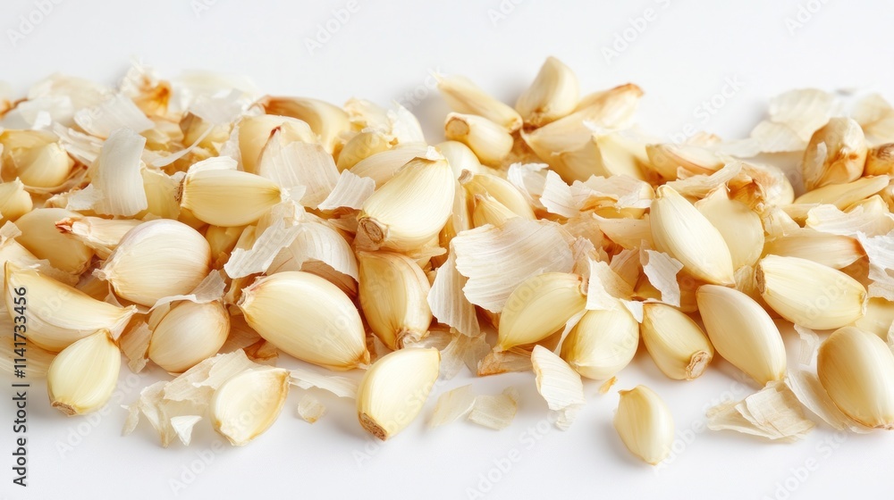 Peeled garlic cloves scattered on a white surface. Peeled garlic cloves scattered on a white surface.