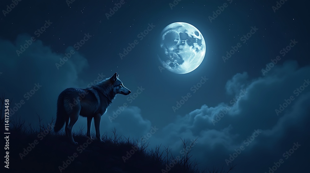 Majestic Wolf Under a Full Moon in a Misty Forest, Generative AI Majestic Wolf Under a Full Moon in a Misty Forest, Generative AI