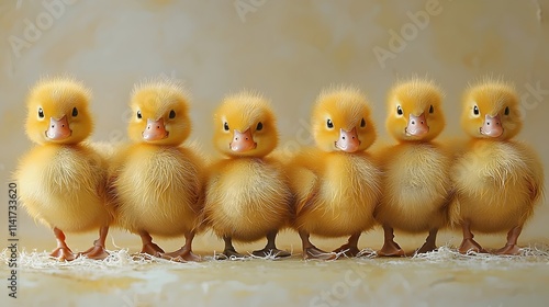 A group of baby ducks are standing in a row