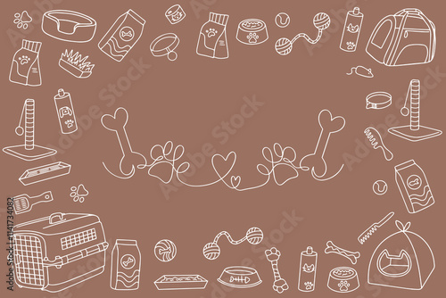 Hand drawn doodle style pet shop assortment on 2025 fashion color mocha mousse background. Bone, heart, paws of an animal of the same line. The concept of love for animals