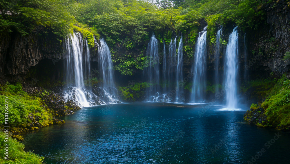 Fototapeta premium A waterfall, nestled between vibrant green foliage and crystal-clear blue water, creates a breathtaking natural landscape.