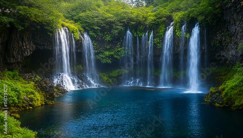 A waterfall, nestled between vibrant green foliage and crystal-clear blue water, creates a breathtaking natural landscape.