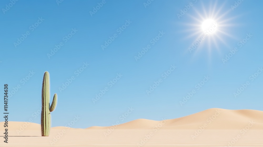 A solitary cactus in a vast desert under a bright sun. A solitary cactus in a vast desert under a bright sun.