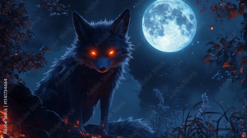 Fototapeta premium Dark fox with glowing eyes under a full moon.