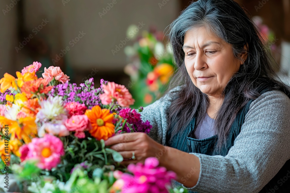 A middle-aged Hispanic woman with dark wavy hair arranges a vibrant floral composition A middle-aged Hispanic woman with dark wavy hair arranges a vibrant floral composition