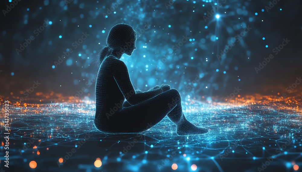 AIguided virtual therapy for mental health support, human figure sitting in virtual space, emotional wellness theme, glowing digital interface, soft tech colors, serene atmosphere AIguided virtual therapy for mental health support, human figure sitting in virtual space, emotional wellness theme, glowing digital interface, soft tech colors, serene atmosphere