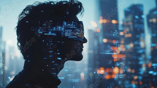 A figure stands against a backdrop of illuminated skyscrapers, immersed in a virtual world. Glimmering lights reflect the advanced technology surrounding him, creating a compelling experience
