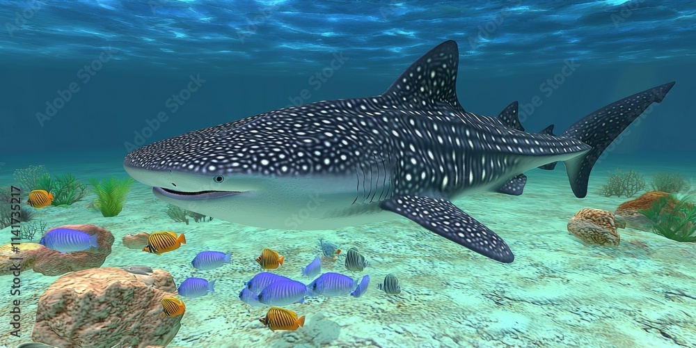 Fototapeta premium Majestic Whale Shark Swimming Gracefully Through a Colorful Coral Reef Surrounded by Small Tropical Fish