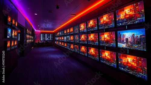 Wallpaper Mural Illuminated Corridor Featuring Numerous Vivid Screens Displaying Cityscapes Torontodigital.ca
