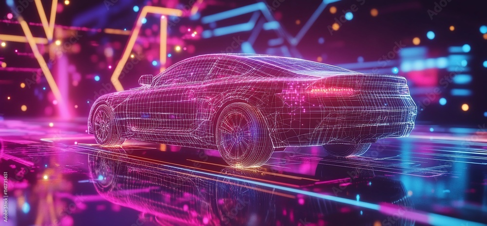 A digital wireframe representation of a futuristic car in a vibrant environment. A digital wireframe representation of a futuristic car in a vibrant environment.