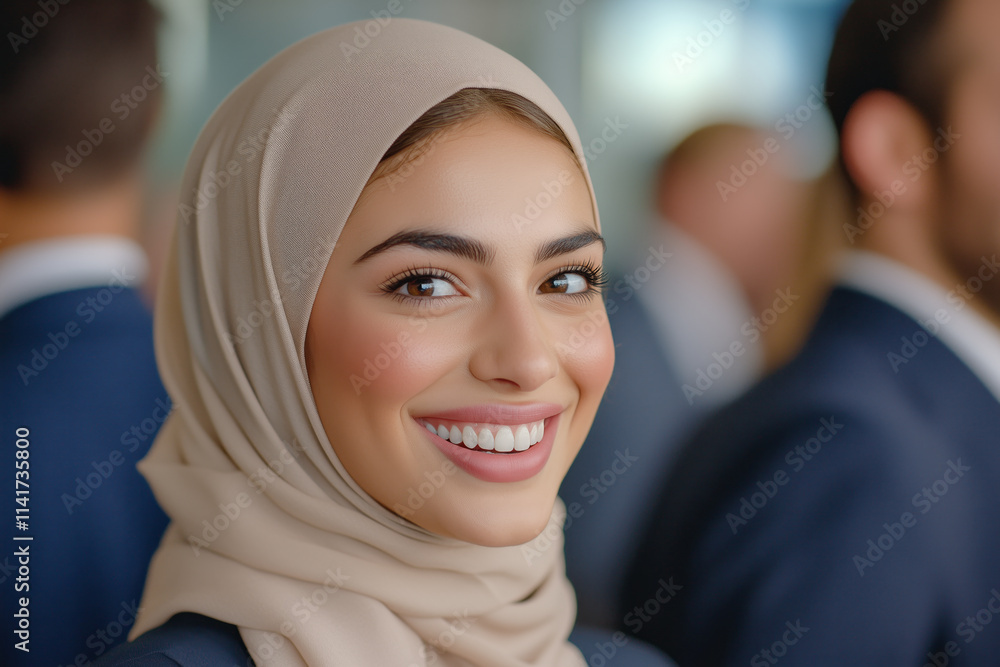 Close-up of a smiling woman wearing a beige hijab at a professional event, surrounded by blurred people in formal attire Close-up of a smiling woman wearing a beige hijab at a professional event, surrounded by blurred people in formal attire
