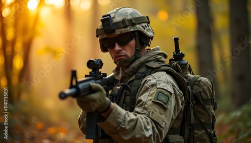 A close-up of a soldier in camouflage gear holding a rifle, with a focused expression, standing in a dense forest, sunlight filtering through the trees, creating a contrast with peaceful surroundings